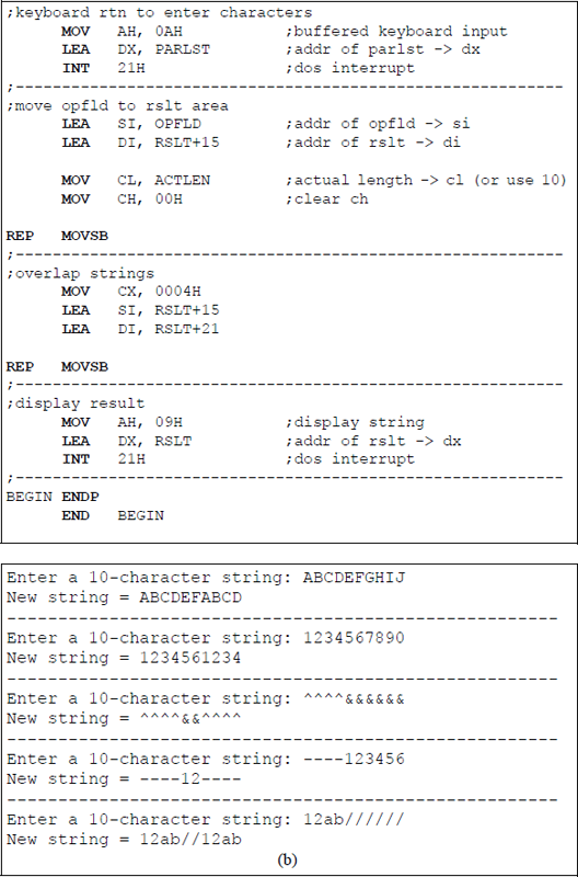 Figure showing program to exchange the last four characters of a 10-character string with the first four characters: (a) the program and (b) the outputs.