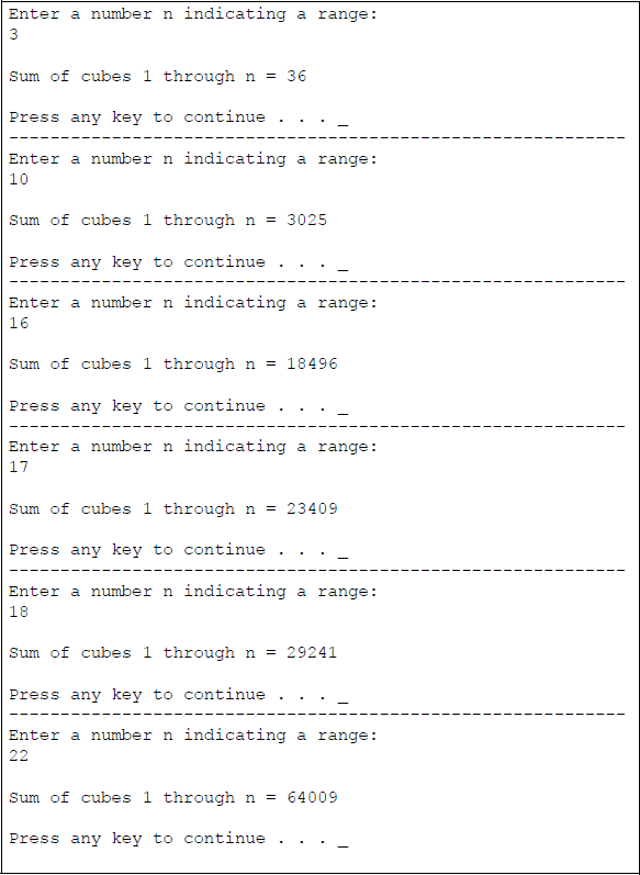 Figure showing program to calculate the sum of cubes in the range from 1 to ≤ 22: (a) the program and (b) the outputs.
