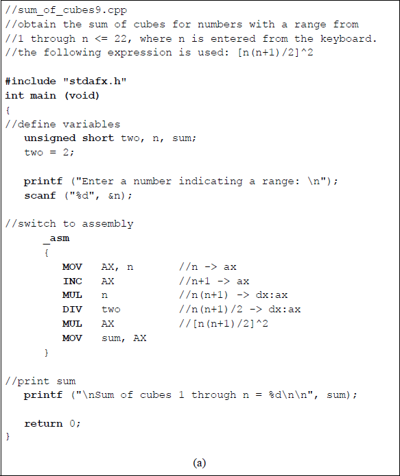 Figure showing program to calculate the sum of cubes in the range from 1 to ≤ 22 using the expression shown above: (a) the program and (b) the outputs.