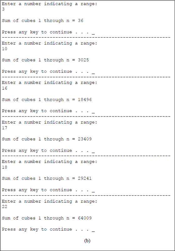 Figure showing program to calculate the sum of cubes in the range from 1 to ≤ 22 using the expression shown above: (a) the program and (b) the outputs.