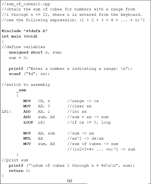 Figure showing program to calculate the sum of cubes in the range from 1 to ≤ 22 using the expression shown above: (a) the program and (b) the outputs.