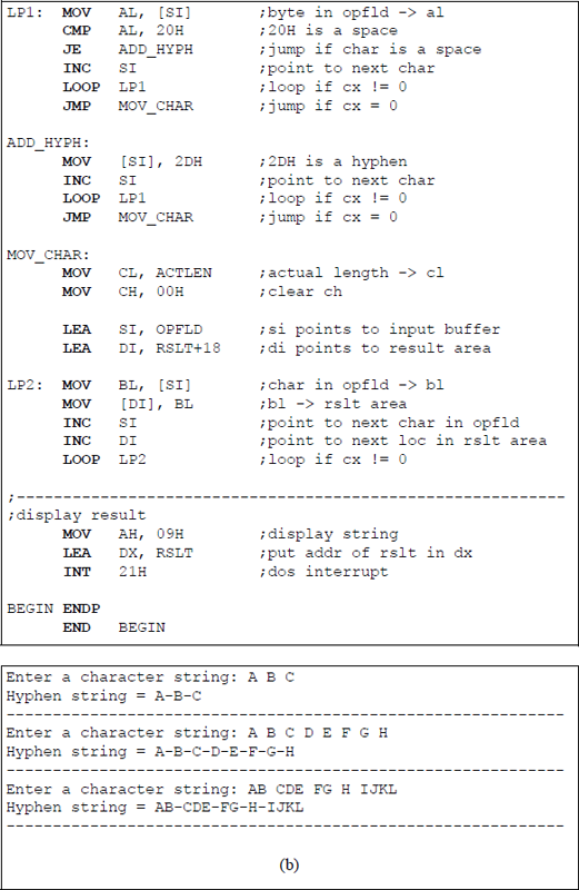 Figure showing program to replace spaces with hyphens in a character string that is entered from the keyboard: (a) the program and (b) the outputs.