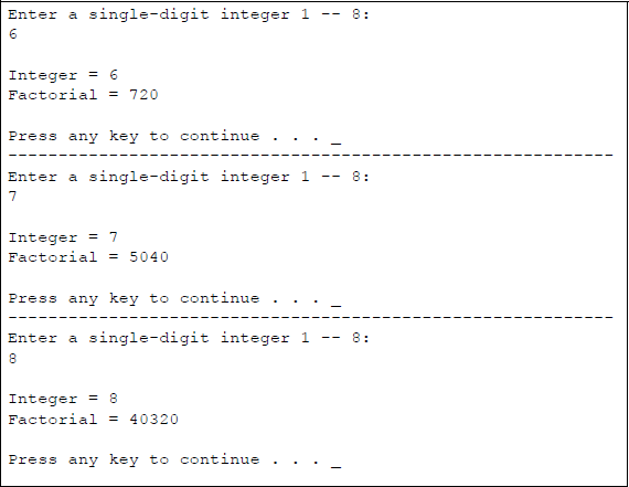Figure showing program to calculate the factorial of single-digit integers that are entered from the keyboard: (a) the program and (b) the outputs.