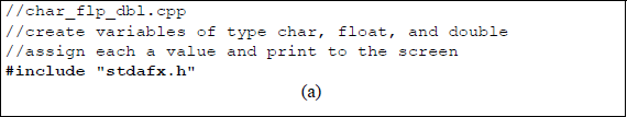 Figure showing program to illustrate assigning values to types char, float, and double: (a) the C program and (b) the outputs.