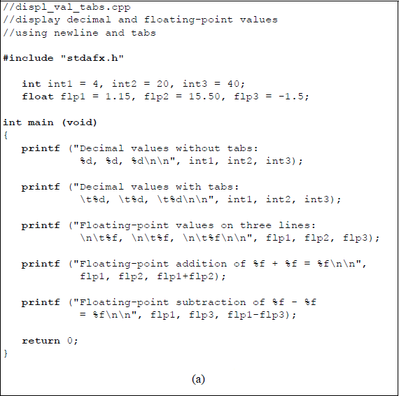 Figure showing program to illustrate the use of the newline character and the tab character: (a) the C program and (b) the outputs.