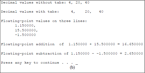 Figure showing program to illustrate the use of the newline character and the tab character: (a) the C program and (b) the outputs.