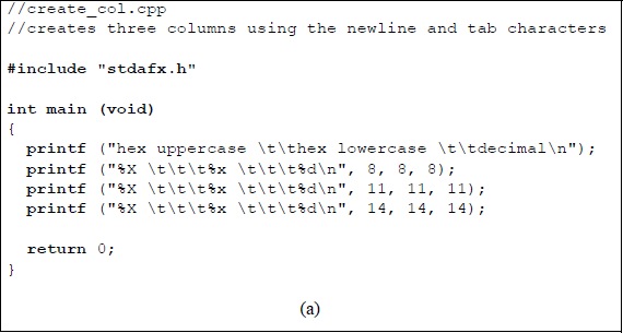 Figure showing program to illustrate the use of the newline character and the tab character to create columns: (a) the C program and (b) the outputs.