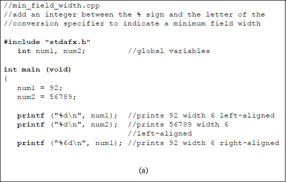 Figure showing program to illustrate the use of the minimum field width specifier: (a) the C program and (b) the outputs.