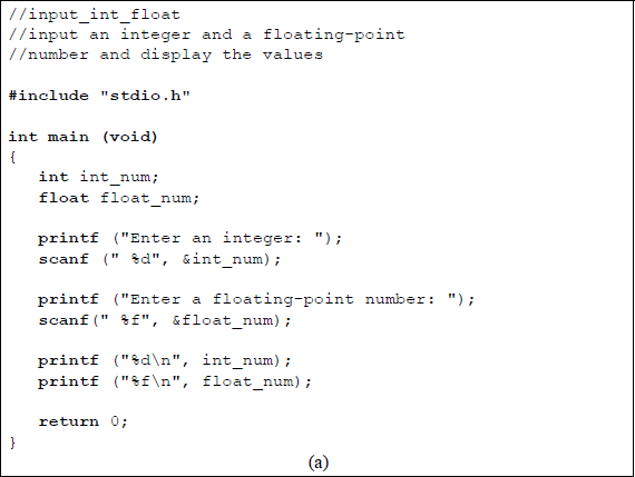 Figure showing program to illustrate the use of the printf () and scanf () functions to enter and print an integer and a floating-point number: (a) the C program and (b) the outputs.