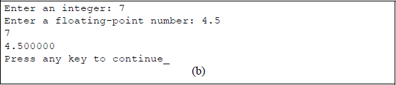 Figure showing program to illustrate the use of the printf () and scanf () functions to enter and print an integer and a floating-point number: (a) the C program and (b) the outputs.