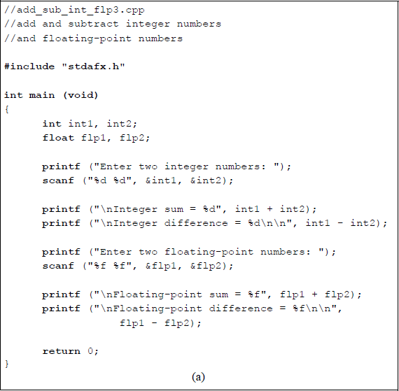 Figure showing program to illustrate the addition and subtraction of integer numbers and floating-point numbers: (a) the C program and (b) the outputs.
