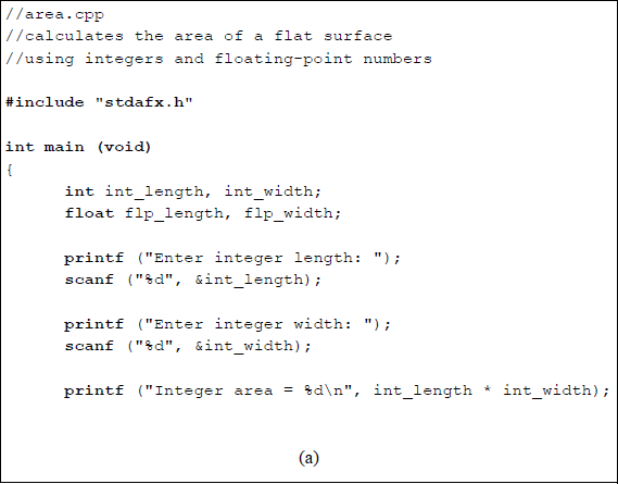 Figure showing program to illustrate the multiplication of integer numbers and floating-point numbers: (a) the C program and (b) the outputs.