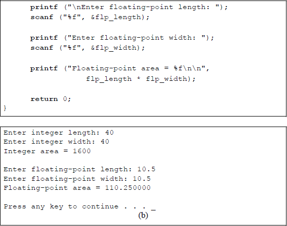 Figure showing program to illustrate the multiplication of integer numbers and floating-point numbers: (a) the C program and (b) the outputs.