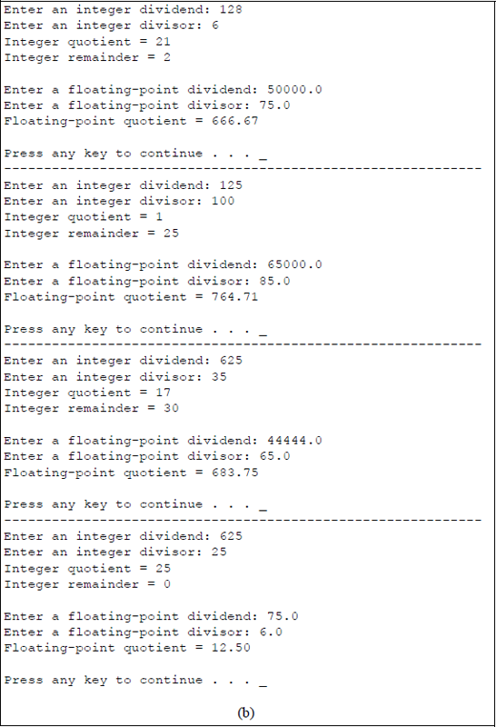 Figure showing program to illustrate integer division, the modulus operator, and floating-point division: (a) the C program and (b) the outputs.