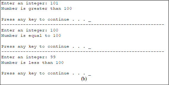 Figure showing program to illustrate using the if statement: (a) the C program and (b) the outputs.