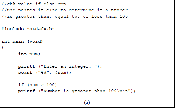 Figure showing program to illustrate using the nested if statement: (a) the C program and (b) the outputs.