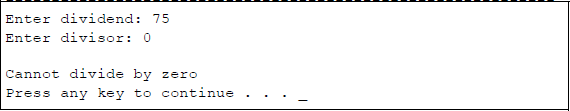 Figure showing program to illustrate using the if-else construct for a divide operation: (a) the C program and (b) the outputs.