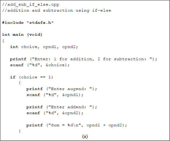Figure showing program to illustrate using the if-else construct for addition and subtraction operations: (a) the C program and (b) the outputs.