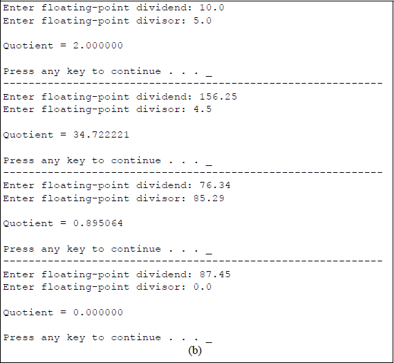 Figure showing program to illustrate using the conditional operator to detect a division by zero: (a) the C program and (b) the outputs.