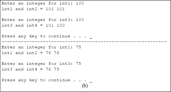 Figure showing program to illustrate using the preincrement and postincrement operators: (a) the C program and (b) the outputs.