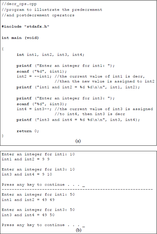 Figure showing program to illustrate using the predecrement and postdecrement operators: (a) the C program and (b) the outputs.