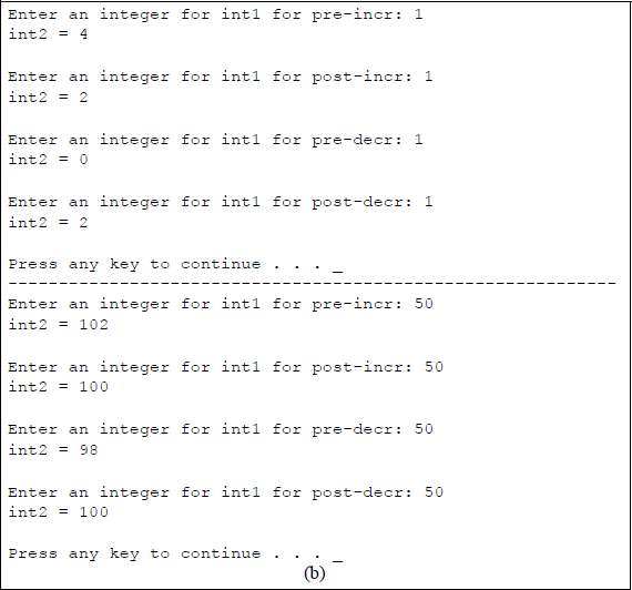 Figure showing program to illustrate using the pre/postincrement and pre/postdecrement operators with the multiply operator: (a) the C program and (b) the outputs.