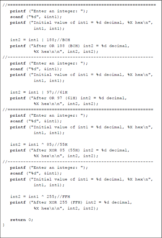 Figure showing program to illustrate using the bitwise operators of AND, OR, and exclusive-OR: (a) the C program and (b) the outputs.