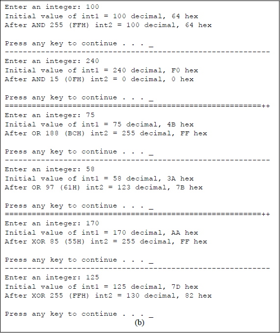 Figure showing program to illustrate using the bitwise operators of AND, OR, and exclusive-OR: (a) the C program and (b) the outputs.