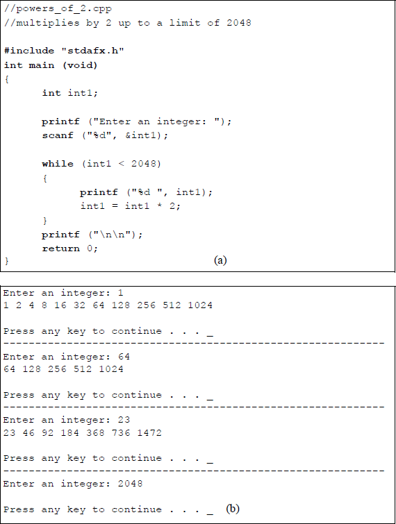Figure showing program to illustrate using the while loop to multiply by 2 up to a limit of 2048: (a) the C program and (b) the outputs.