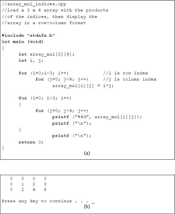 Figure showing program to illustrate loading a 4 × 5 array with the product of the indices then printing the array: (a) the C program and (b) the outputs.