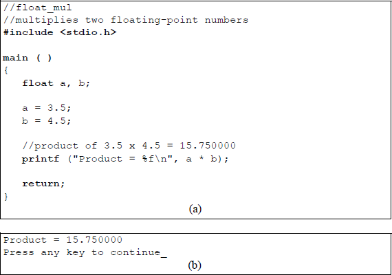 Example showing of floating-point multiplication: (a) the C program and (b) the resulting output generated by the program.