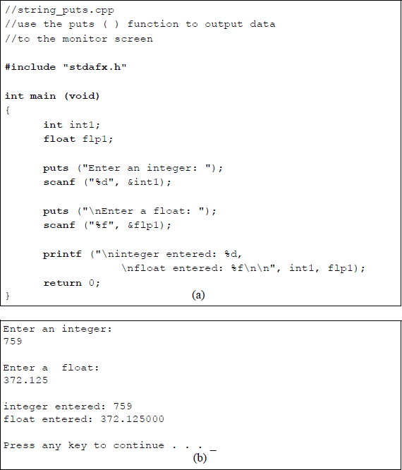 Figure showing program to illustrate using the puts () function: (a) the C program and (b) the outputs.