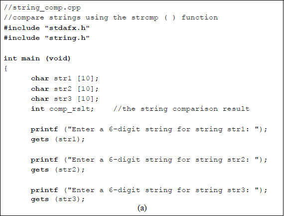 Figure showing program to illustrate using the strcmp () function: (a) the C program and (b) the outputs.