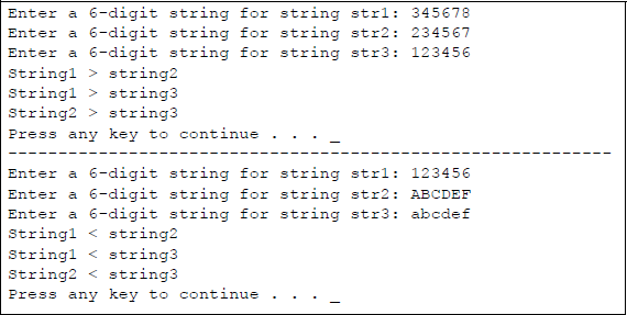 Figure showing program to illustrate using the strcmp () function: (a) the C program and (b) the outputs.