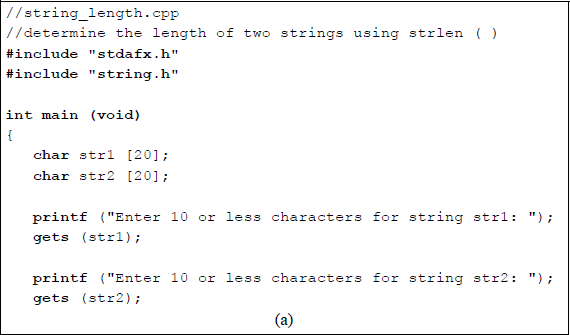 Figure showing program to illustrate using the strlen () function: (a) the C program and (b) the outputs.