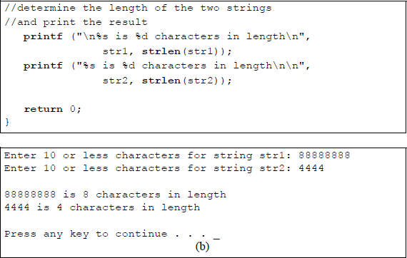 Figure showing program to illustrate using the strlen () function: (a) the C program and (b) the outputs.