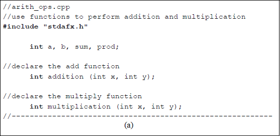 Figure showing program to illustrate one use of functions to perform addition and multiplication: (a) the C program and (b) the outputs.