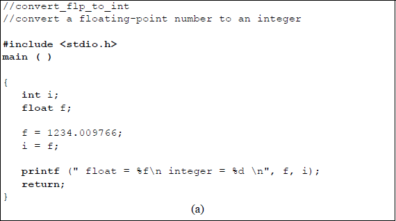 Figure showing program to illustrate converting a floating-point number to an integer: (a) the C program and (b) the outputs obtained from the program.