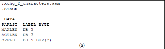 Example showing to illustrate the use of the XCHG instruction: (a) the program and (b) the outputs.