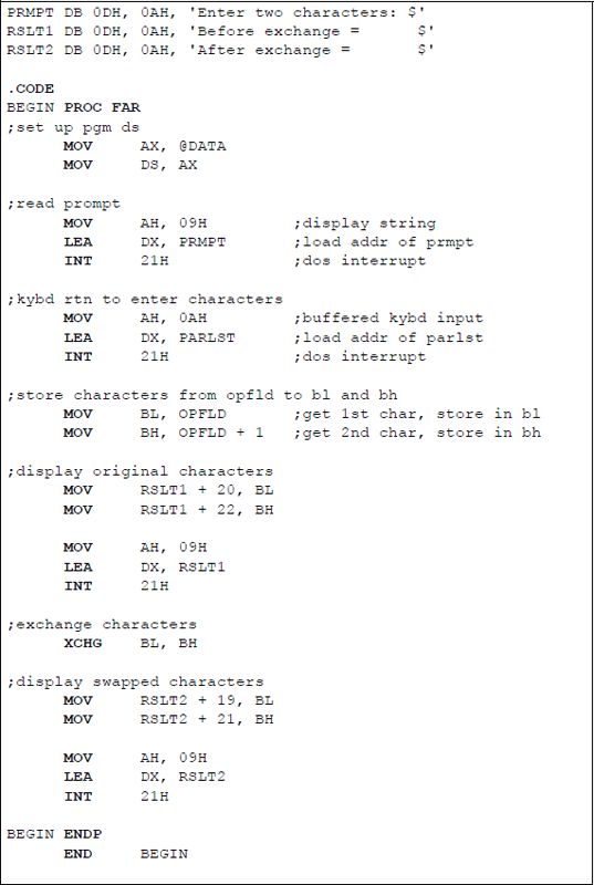 Example showing to illustrate the use of the XCHG instruction: (a) the program and (b) the outputs.
