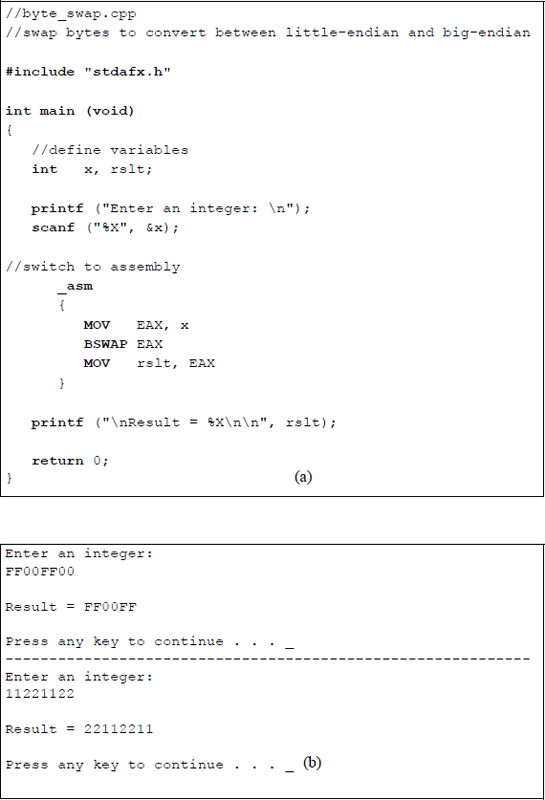Figure showing program to illustrate the byte swap operation: (a) the program and (b) the outputs.