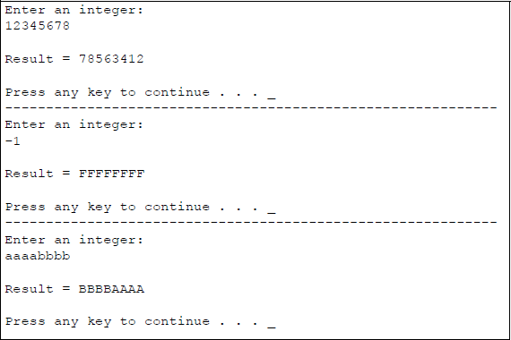 Figure showing program to illustrate the byte swap operation: (a) the program and (b) the outputs.