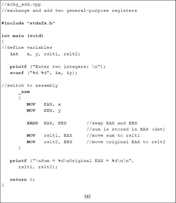 Figure showing a linked C and assembly program that demonstrates the use of the exchange and add (XADD) instruction using the EAX and EBX general-purpose registers: (a) the program and (b) the outputs.