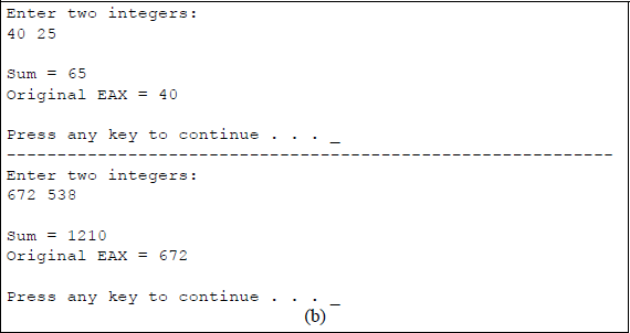 Figure showing a linked C and assembly program that demonstrates the use of the exchange and add (XADD) instruction using the EAX and EBX general-purpose registers: (a) the program and (b) the outputs.