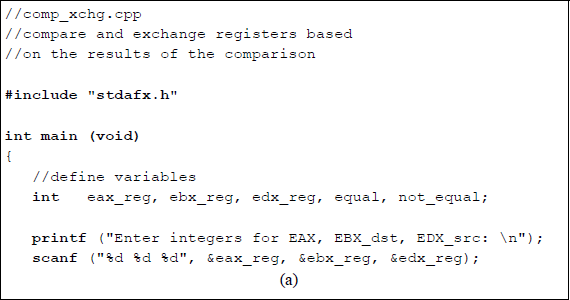 Figure showing program to illustrate the use of the CMPXCHG instruction: (a) the program and (b) the outputs.