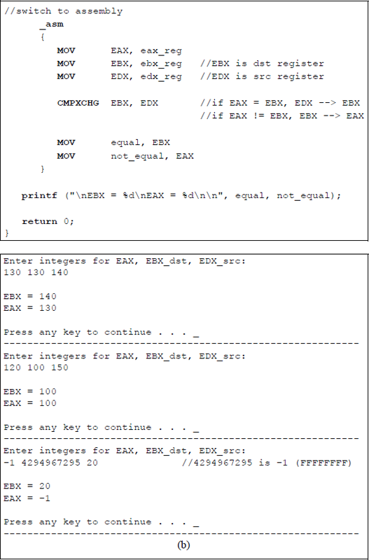 Figure showing program to illustrate the use of the CMPXCHG instruction: (a) the program and (b) the outputs.