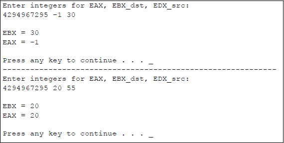 Figure showing program to illustrate the use of the CMPXCHG instruction: (a) the program and (b) the outputs.