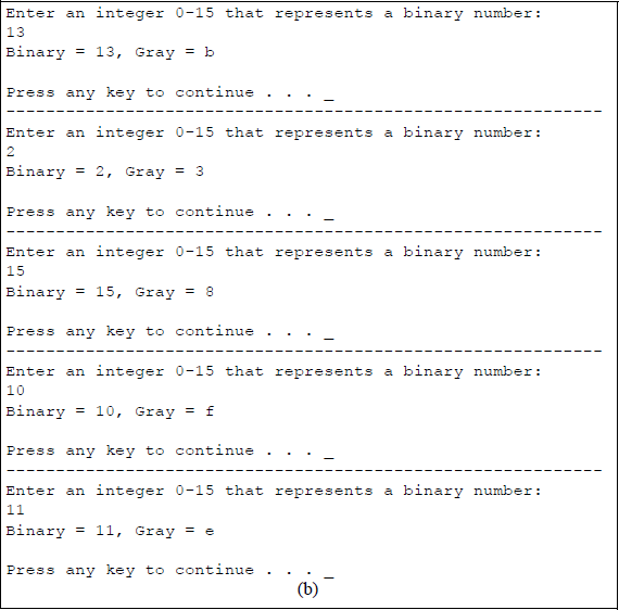 Figure showing c program to convert from binary to Gray code: (a) the program and (b) the outputs.