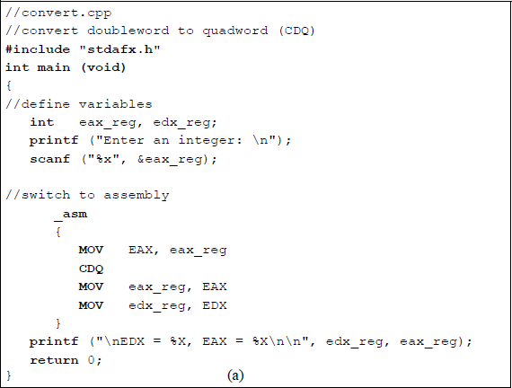 Figure showing program to illustrate using the conversion instruction CDQ: (a) the program and (b) the outputs.