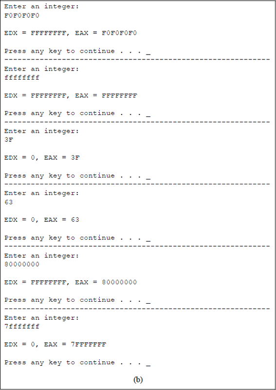 Figure showing program to illustrate using the conversion instruction CDQ: (a) the program and (b) the outputs.